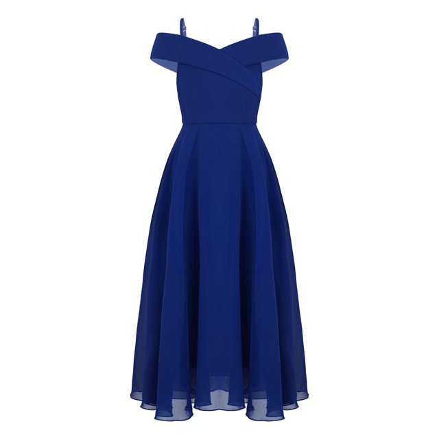 Oyolan Robe en Mousseline à Épaules Dénudées pour Fille, Bretelles Spaghetti, Ligne A, Robe de Demoiselle d'Honneur pour Mariage, Robe de Bal Formelle, Bleu, 10