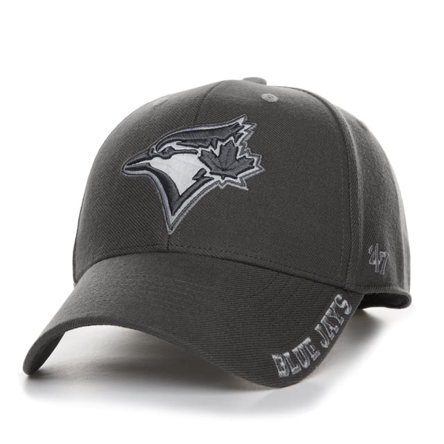 Men's Toronto Blue Jays Defrost MVP Adjustable Hat - Charcoal - One Size centered 3/4 profile of a structured mid-crown embroidered team cap with curved bill, 3D Blue Jays logo on the crown, embroidered team name on back, '47 logo on left side, hook-and-loop adjustable back closure, 85% acrylic/15% wool; suitable for game days or travel.