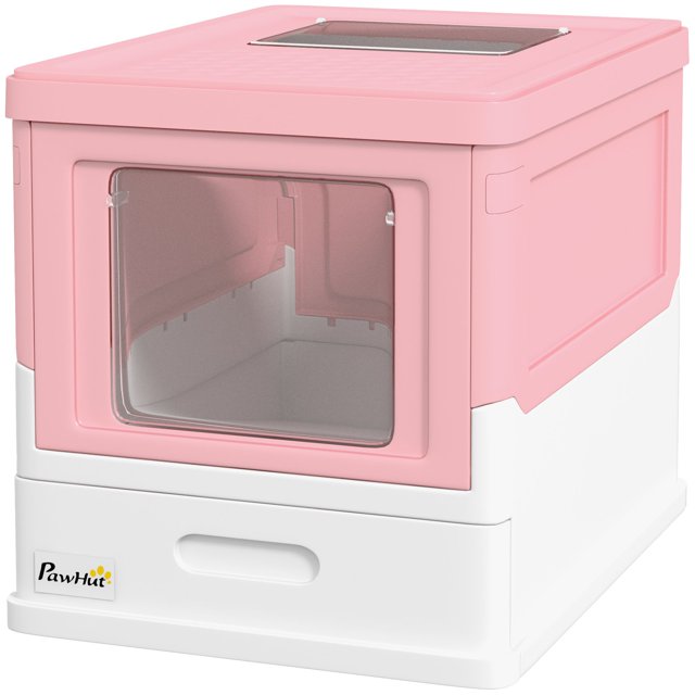 Bac à Litière pour Chat Fermé à Entrée par le Haut avec Pelle, Plateau, Entrée avant, Grand Espace, Pliable, Portable, Rose