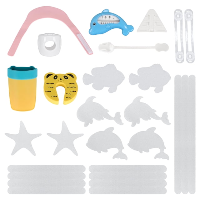 18pcs Baby Safety Locks Kit by LIVINGbasics, designed for childproofing cabinets, drawers, and fridges. Includes anti-slip strips, door knob safety cover, window lock, bath thermometer, door stopper, baby shower hat, cartoon spout cover, and drawer lock. Made from eco-friendly EVA, PVC, and ABS materials. Suitable for kitchens, bedrooms, living rooms, kids' rooms, and baby care rooms. The image displays the kit's components, such as a pink shower hat, blue dolphin thermometer, yellow tiger door stopper, and white anti-slip strips.