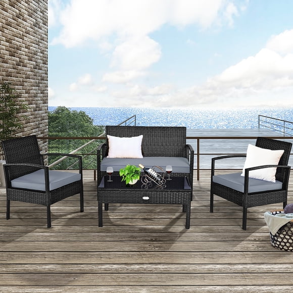 Costway 4pcs Outdoor Patio Rattan Wicker Set Table Sofa Cushioned Deck Black