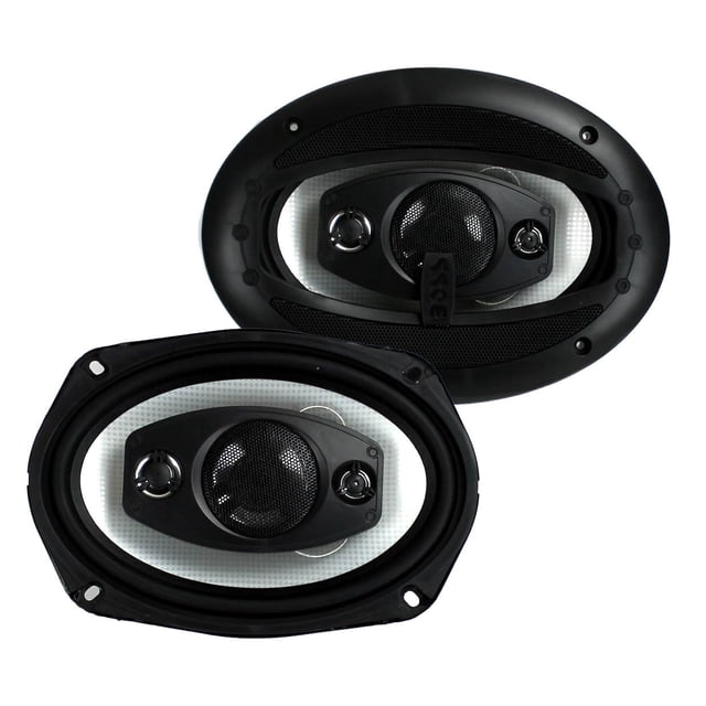 Boss Riot R94 6x9 Inch 500W 4 Way Car Coaxial Audio Speakers Stereo (2 Pack) with multicolour poly injection cone material, aluminum voice coil, and 4-ohm impedance. Features 2.5-inch midrange, 1-inch tweeter, and 0.5-inch tweeter with a frequency response of 50 Hz to 20 kHz. Sold as a set of two speakers.