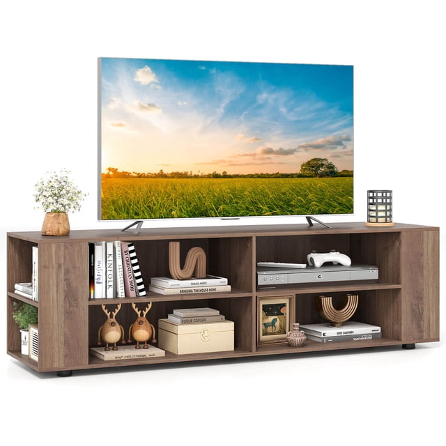 Costway Cubby TV Stand for TVs up to 65 inches with 8 open storage shelves and legs in rustic brown. The stand features a wide tabletop supporting flat-screen TVs, 4 open compartments, and 4 side shelves for media devices, books, and decor. Made of engineered wood and MDF, it includes 5 raised legs for stability and durability. The sleek design complements modern interiors, suitable for living rooms, bedrooms, or entryways.