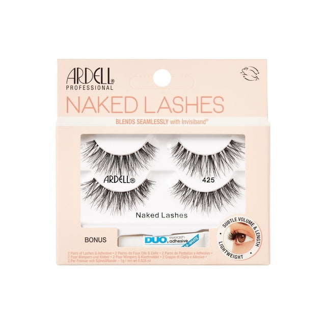 Ardell Naked Lashes 425 2 Paquets avec Adhésif Duo pour Cils de 1 g dans un Emballage beige Montrant Deux Paires de Faux Cils de Style Naturel avec Invisiband pour un Mélange Sans Couture et un tube de Colle pour Cils Blanche, Conçus pour un volume Subtil et un Port Léger, Convenant à Rehausser des looks de Maquillage Naturels.