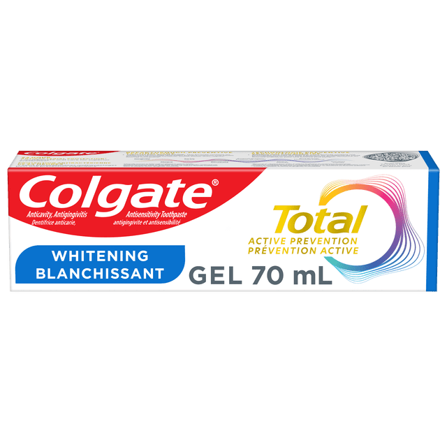 Colgate Gel Dentifrice Blanchissant Total Active Prevention, Menthe, tube de 70 ml avec Emballage Rouge et Blanc, Offrant des Bienfaits de Blanchiment, d'Anticaries, d'Antigingivite et de Prévention de la Sensibilité en Anglais et en Français, Idéal pour la Réduction de la plaque et la protection de l'Émail.