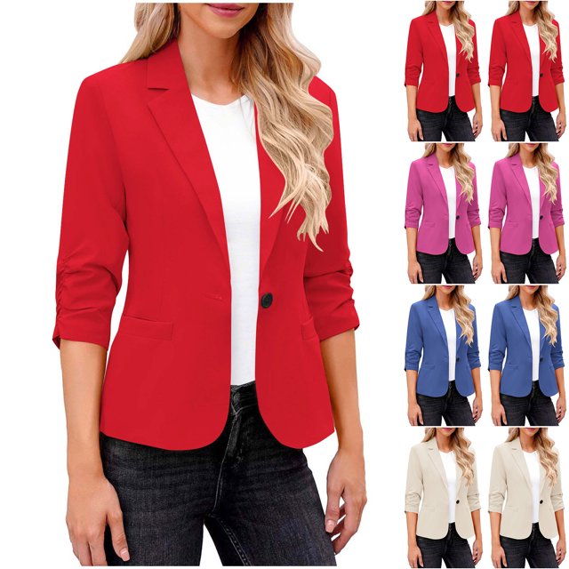 Blazer Décontracté pour Femmes, Ouvert devant, Manches 3/4, un Bouton, Veste de Travail, Bleu