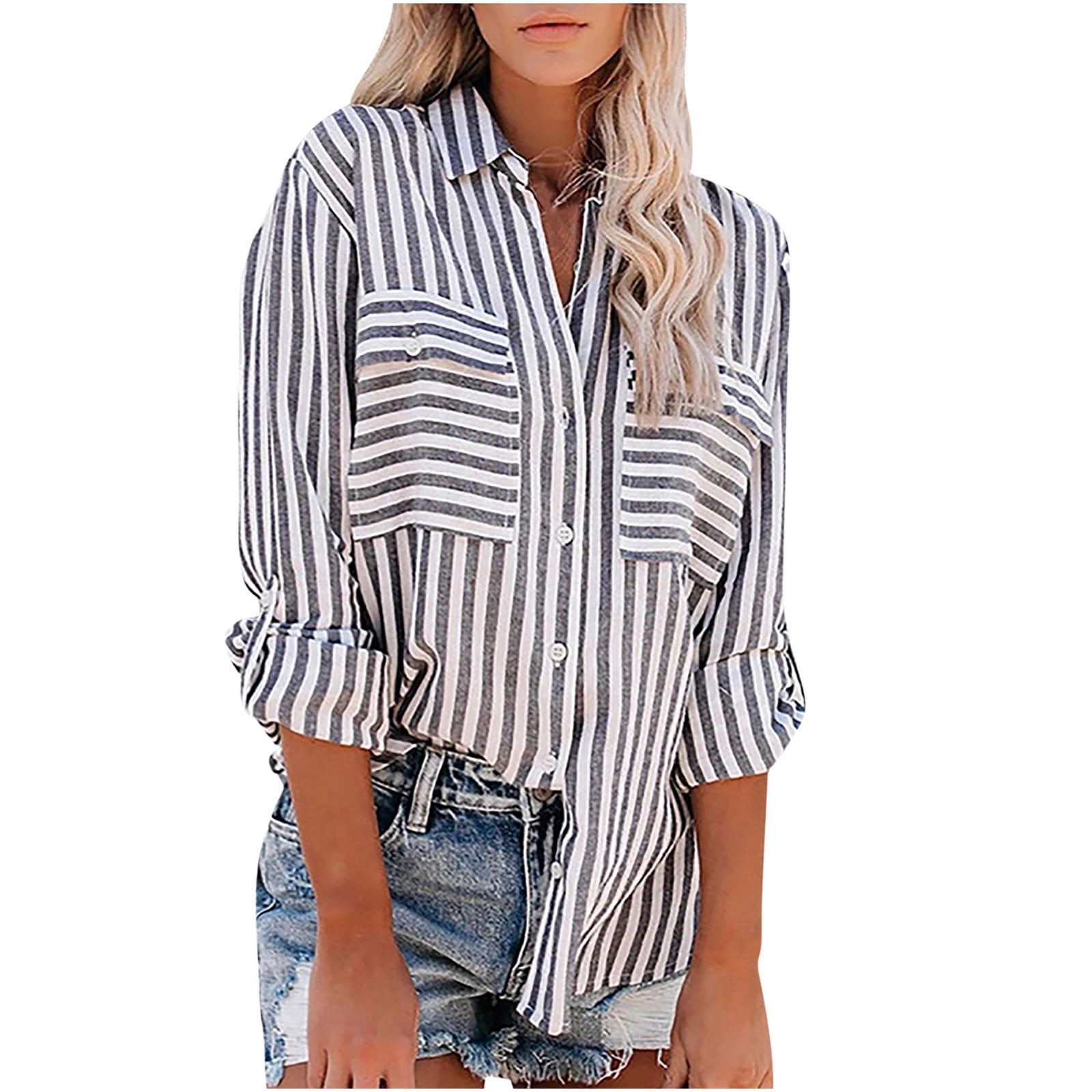 Hauts pour Femmes à Rayures Imprimées, Chemise à Simple Boutonnage à Manches Longues, Hauts en Coton et Lin