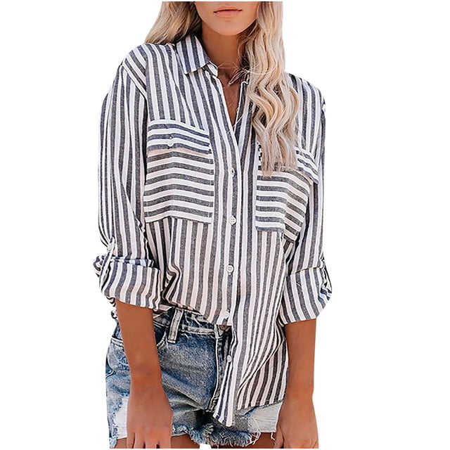 Lolmot Hauts pour Femmes à Rayures Imprimées Chemise à Simple Boutonnage à Manches Longues Hauts en Coton et Lin