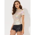 thumbnail image 2 of INSPIRE CHIC Women's Party Metallic Textured Short Sleeve Shiny Multicolor Top Beige M, 2 of 5