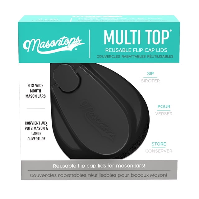 Masontops Multi-Top reusable flip cap lid in black designed for wide mouth mason jars, featuring a leakproof seal with sip, pour, and store functions, made from BPA-free plastic and silicone, shown in bilingual English and French retail packaging.