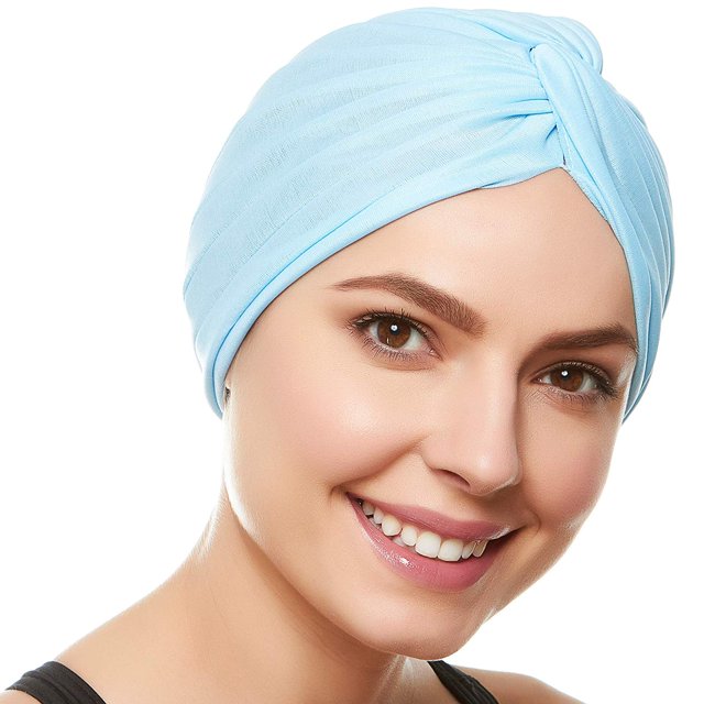 Beemo Womens Swim Cap Bathing Turban-Polyester Twisted Pleated Turban Head Cover - Light Blue