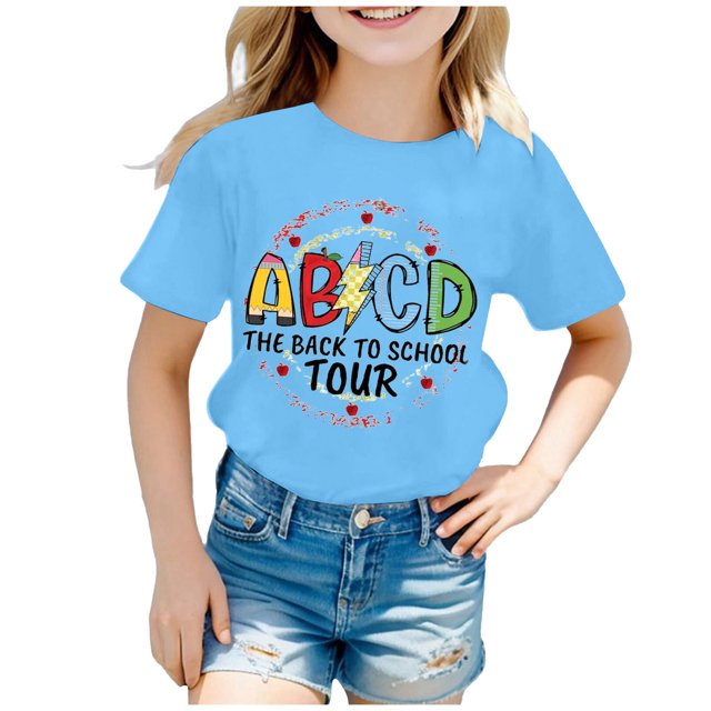 AWZXDE Hauts pour Filles Enfants Rentrée des Classes T-Shirt Graphique à Manches Courtes Col Rond Lumineux Confortable pour Garçons et Filles