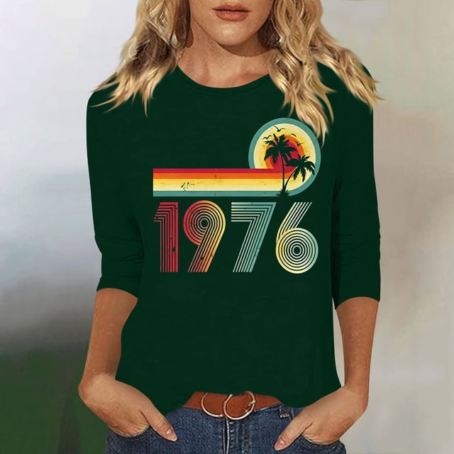 Uootdi Hauts pour Femmes Manches 3/4 Col Rond Imprimé Arc-en-Ciel Rétro 1976 Coupe Décontractée T-Shirts Nostalgiques d'Été Cadeau