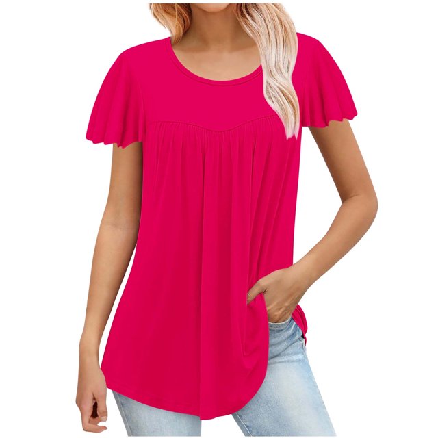 FAIWAD Tunique d'Été pour Femme à Manches Courtes, Col Rond, T-Shirt Décontracté Plissé, Ample et Fluide