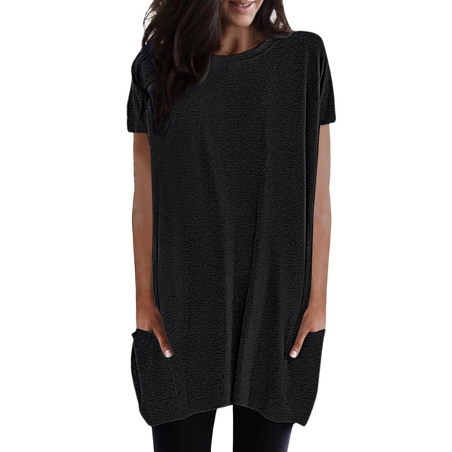 WEIYLL Womens Tshirt Summer Solid Loose Pullover Tunic With Pockets Long Black Blouse Sizes L