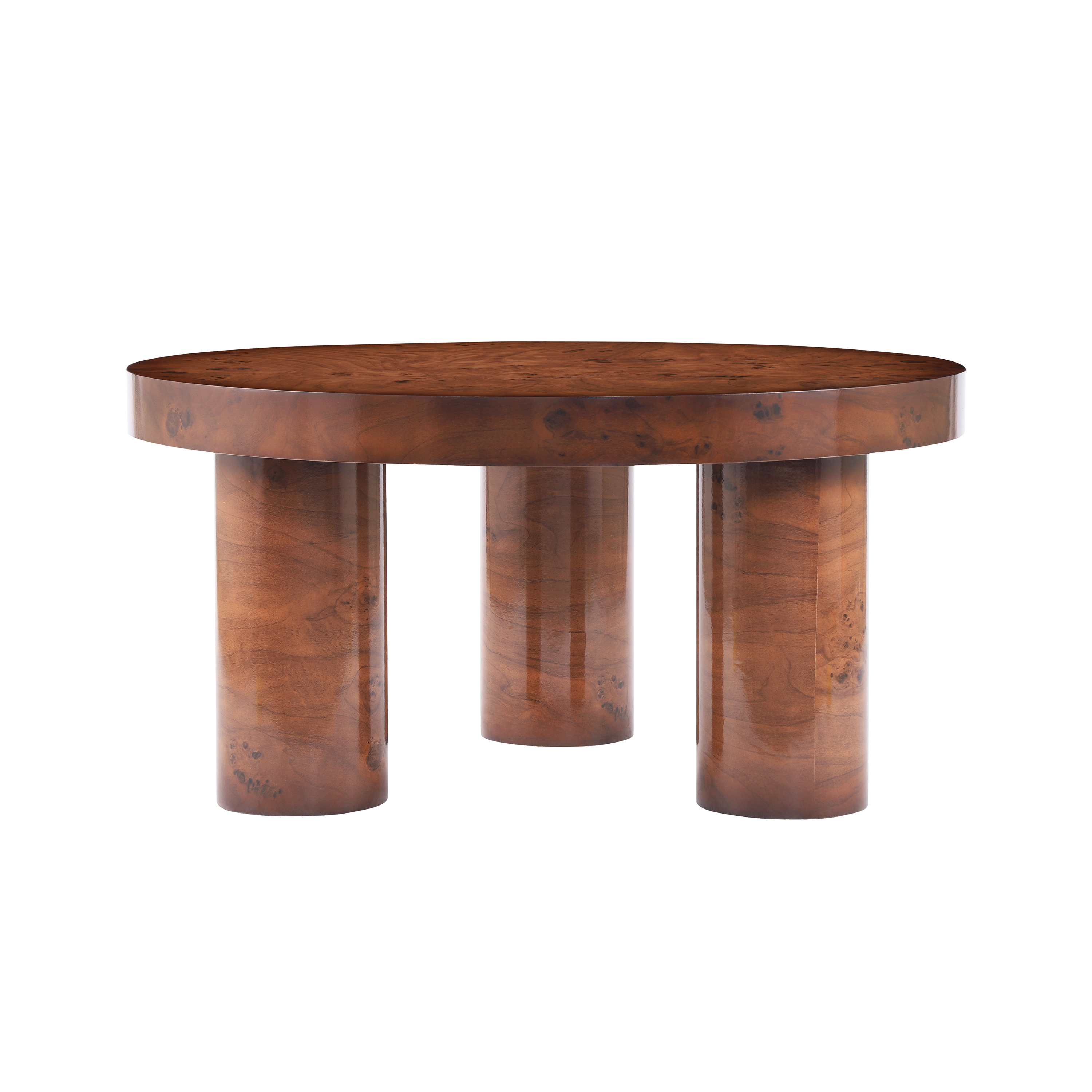 Table basse ronde moderne Noble House 80 cm, fini placage loupe, noyer