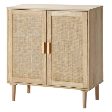 KFFKFF Rattan Cabinet, Rattan Storage Cabinet with 2 Magnetic Doors and Adjustable Shelves, Sideboard Buffet Cabinet for Hallway, Entryway, Living Room, or Kitchen, Natural