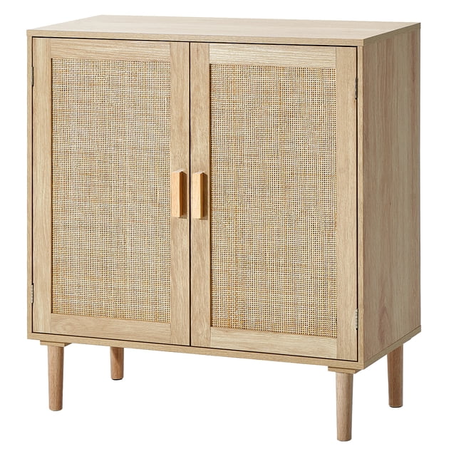 KFFKFF Rattan Cabinet, Rattan Storage Cabinet with 2 Magnetic Doors and Adjustable Shelves, Sideboard Buffet Cabinet for Hallway, Entryway, Living Room, or Kitchen, Natural centered front-facing view of a rectangular sideboard with two hand-woven natural rattan doors on a PB melamine frame, visible natural wood handle set, one door ajar showing adjustable interior shelves (24.3 x 14.0 in / 617 x 356 mm), 15 cm support legs lifting the unit, magnetic doors and anti-tip feature noted in specs; suitable as entryway storage or a compact buffet for barware.