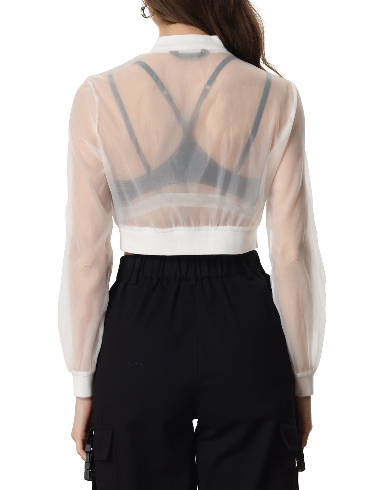 INSPIRE CHIC Bomber Jacket for Women's Long Sleeve Crop Mesh Sheer