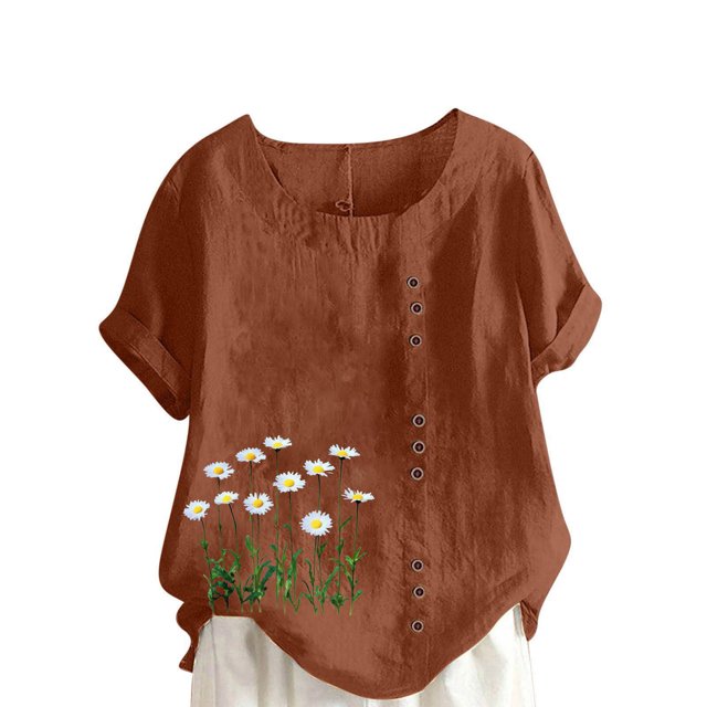 Pisexur Hauts pour Femmes Décontractés en Lin Col Rond Grande Taille Imprimé Manches Courtes T-shirt Blouse, Hauts d'Été pour Femmes Café, 4TG