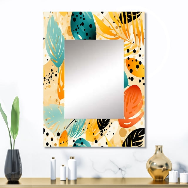 Designart "Gentle Tropical Foliage" Floral Wall Mirror, Printed Yellow Wall Mirror, Tropical Bathroom Wall Mirror, Decorative Floral Mirror - 24x32 Inch