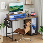 GUNAITO 47 Inch Gaming Desk with LED Lights and Power Outlet, Computer Desk with Glass Storage Shelves and Monitor Stand, Rustic Brown