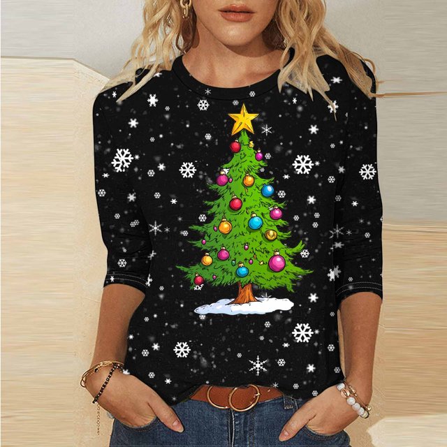 Meichang Hauts à Manches 3/4 pour Femmes Chemises de Noël Classiques Coupe Ample Col Rond Graphique Arbre de Noël T-Shirts Décontractés Offres de Noël 2024