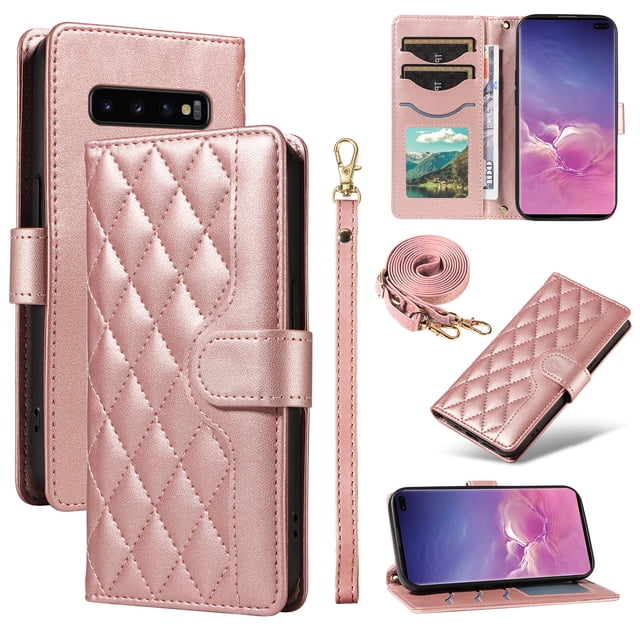 Samsung Galaxy S10 Plus Phone Case , Wallet Flip Cover Adjustable Crossbody Lanyard Magnetic Card Slots