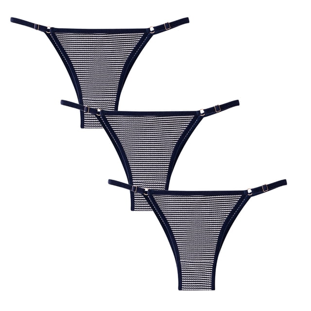 FAIWAD Women's 3 Pack Cotton Thongs Adjustable String Ribbed G-Strings Low Waist Breathable Panties. The image displays three navy blue and white striped thongs with ribbed fabric and adjustable string sides. These low-rise panties feature a high-cut leg design, offering breathable comfort and a seamless fit under clothing. Ideal for casual wear, workouts, or special occasions.