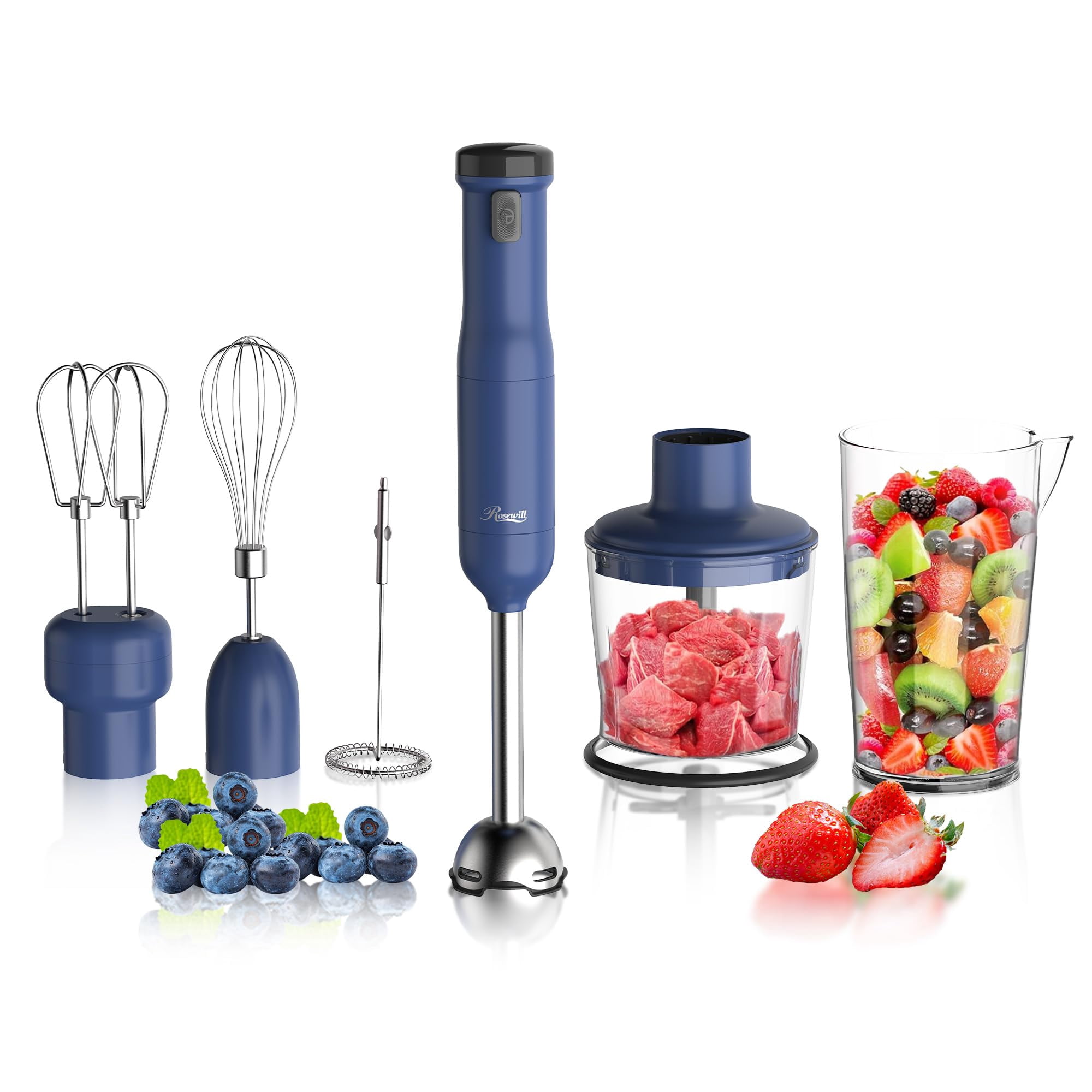 Rosewill 6-in-1 Multi-Speed Cordless Rechargeable Immersion Hand Blender, Heavy Duty Motor - Stick Blender, Beaker, Whisk, Chopper, Dual Beater, Milk