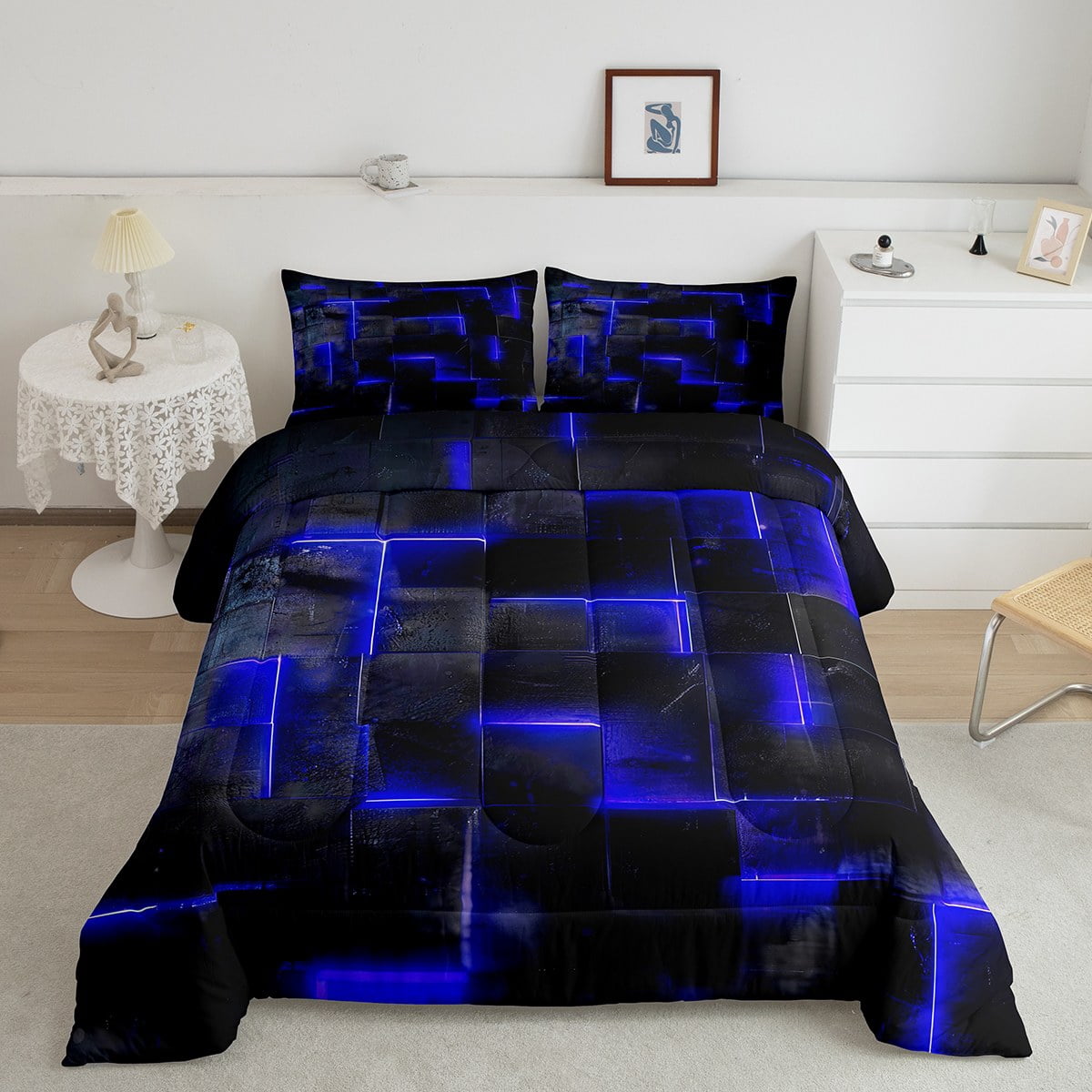 YST Royal Blue and Black Comforter Set Queen,3D Geometric Checkered Bedding Set for Boys Girls,Abstract Neon Square Comforter Set Reversible,Stereoscopic Geometry Grid Quilt Bed Set 3Pcs