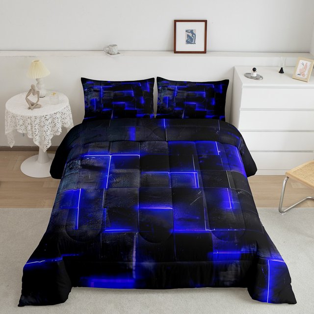YST Royal Blue and Black Comforter Set Twin,3D Geometric Checkered Bedding Set for Boys Girls,Abstract Neon Square Comforter Set Reversible,Stereoscopic Geometry Grid Quilt Bed Set 2Pcs