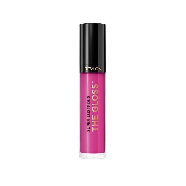 Revlon Super Lustrous™ The Gloss lip gloss in vibrant pink with a transparent cylindrical tube and black cap featuring the Revlon logo, delivering lightweight, shiny colour with hydration and plumping moisture from vitamin E and avocado oil.