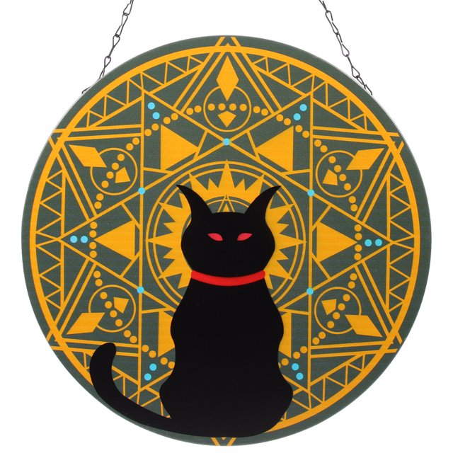 Pendentif Mural en Fer Silhouette de Chat Pendentif Rond Motif Géométrique Décoration Suspendue