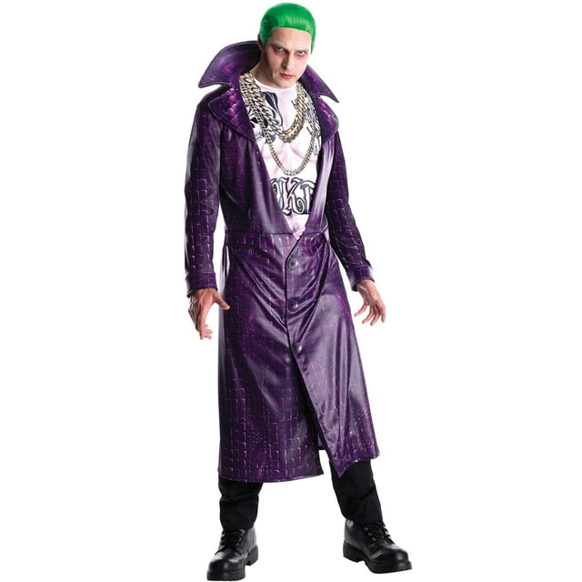 Suicide Squad Joker Men's Costume with a long purple textured faux leather trench coat and an attached shirt printed with a tattooed bare chest and chains, worn with black pants and black lace-up boots, styled with green slicked-back hair, suitable for Halloween and cosplay events.