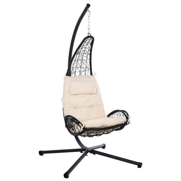 Outdoor Patio Wicker Hanging Egg Chair with Stand, Hammock Swing Chair with Cushion and Pillow, swing Chair with Stand, Cup Holder for Backyard, Garden, Porch, Beige