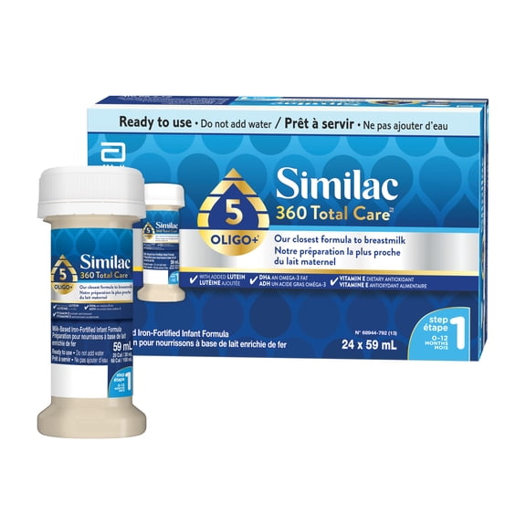 Similac 360 Total Care Step 1, Baby Formula, Infant Formula, 0-12 months, blend of 5 oligosaccharides, 24x59mL Ready to Feed Bottles