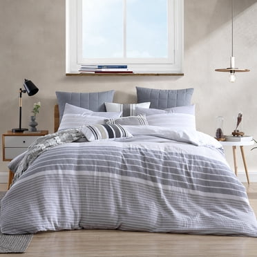 Swift Home 100% Cotton Yarn-Dyed Stripe Gauze Duvet Cover Set, Textured, Full/Queen, Grey