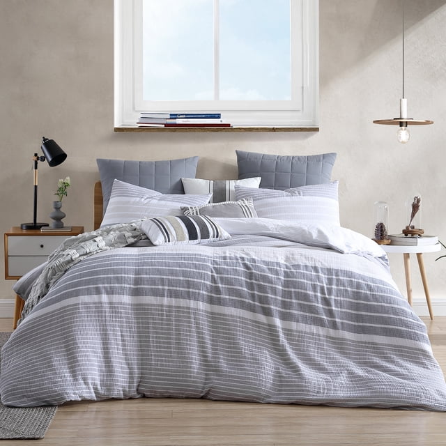 Swift Home Ensemble housse de couette en gaze à rayures teintes en fil 100 % coton, texturée, Double/Grand lit, Gris