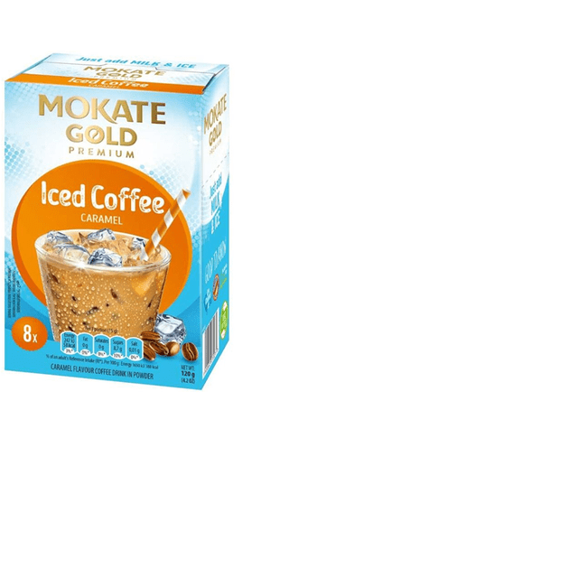 MOKATE ICED CAR caramel-flavored instant iced coffee powder box shown in a 3/4 front view with a glass of iced coffee containing ice cubes and a striped straw, ideal for quick preparation with cold milk and ice for refreshing coffee drinks.
