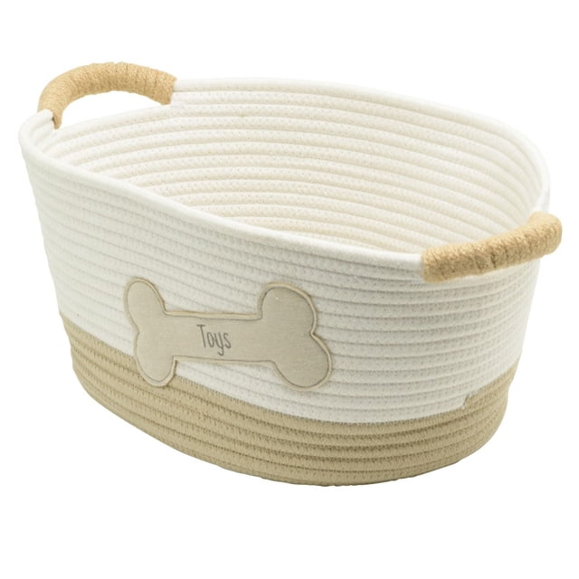 Cotton Rope Storage Basket, Pet Theme with Dog Bone Shaped Toys Patch, oval-shaped basket with braided cotton rope in beige and white, featuring jute-wrapped handles and a dog bone patch labeled 'Toys', measuring 15.75 in. L x 11.5 in. W x 7 in. H, ideal for organizing pet toys, treats, or household storage.