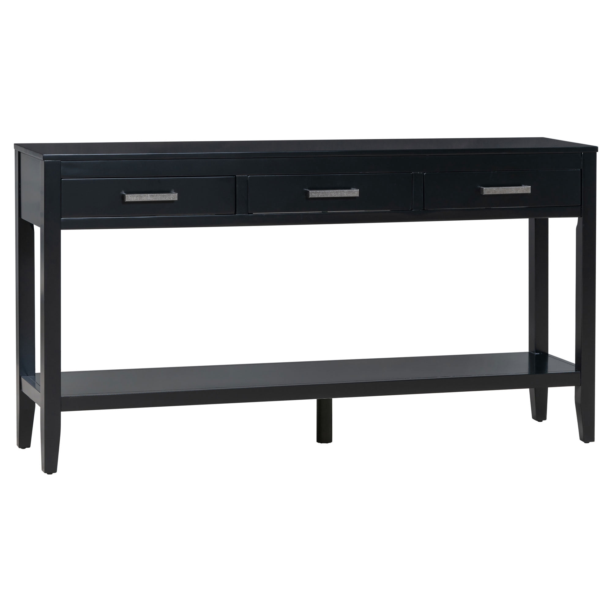 Noble House 62.2" Farmhouse Entryway Table, 3-Drawer Painted Console with Bottom Shelf & Iron Handles,Minimalist,Black