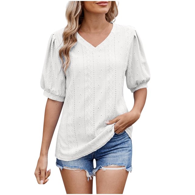 Annhoo Hauts d'Été pour Femmes 2025 Blouses à Col Rond à Illets Manches Bouffantes Décontractées Tendance Unies pour Sortir