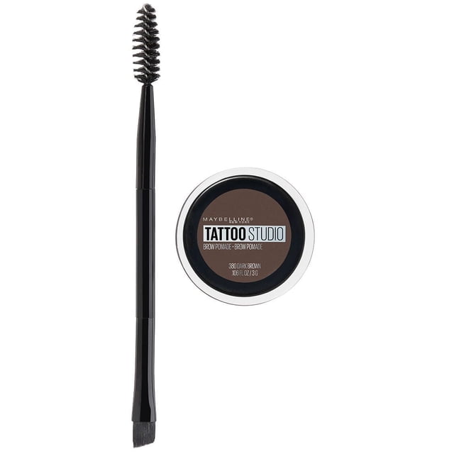 Maybelline New York Tattoo Studio® Pommade pour Sourcils 2,3 g Brun Foncé avec un Applicateur à Double Extrémité Comprenant une Brosse en Rouleau et une Brosse Inclinée, Offrant une Finition Mate Imperméable et Longue Tenue pour des Sourcils Sculptés d'Apparence Naturelle, Idéale pour un Modelage Précis.