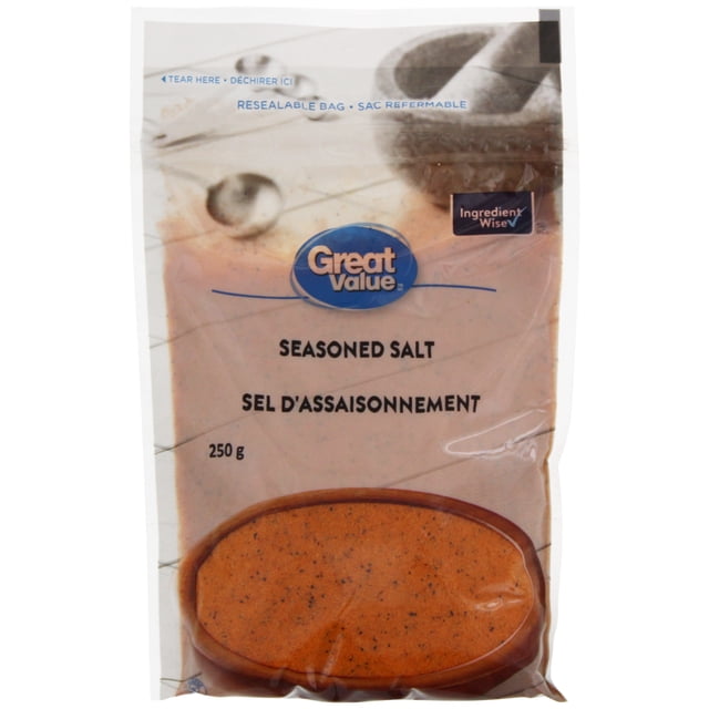 Great Value Sel Assaisonné 250 g Sac Refermable avec Sel d'Assaisonnement orange visible Contenant des Taches d'Épices Noires, Étiqueté en Anglais et en Français, un Produit Ingrédient Sage Convenant à l'Assaisonnement des Viandes et des Légumes.