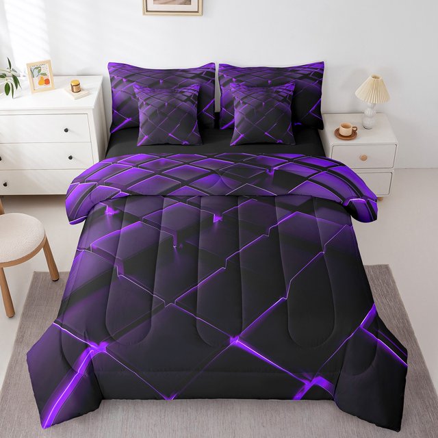 YST Ensemble de Lit 7 Pcs Violet Géométrique Moderne à Carreaux Abstraits, Format Grand Lit