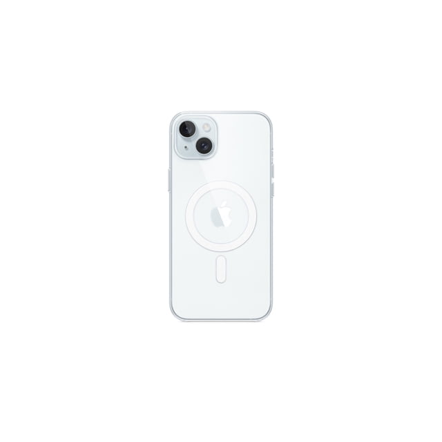 IPH 15 CLEAR CASE featuring a transparent, MagSafe-compatible protective cover for iPhone 15, showing the phone's white back, dual rear cameras, and precise cutouts in a centered rear view, suitable for safeguarding the device while maintaining its original design.