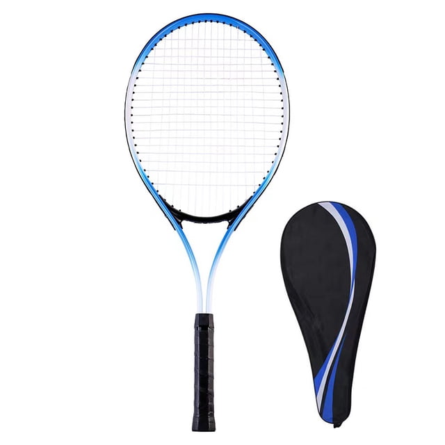 Single Tennis Racket, Anti Slip Lightweight Ergonomic 27 Inch Tennis Racquet made of nylon and aluminum alloy. Designed with a broken wind frame for stability and a comfortable grip resistant to slipping and abrasion. Ideal for gym use or recreational tennis. Includes a black storage bag with blue accents for easy transport.