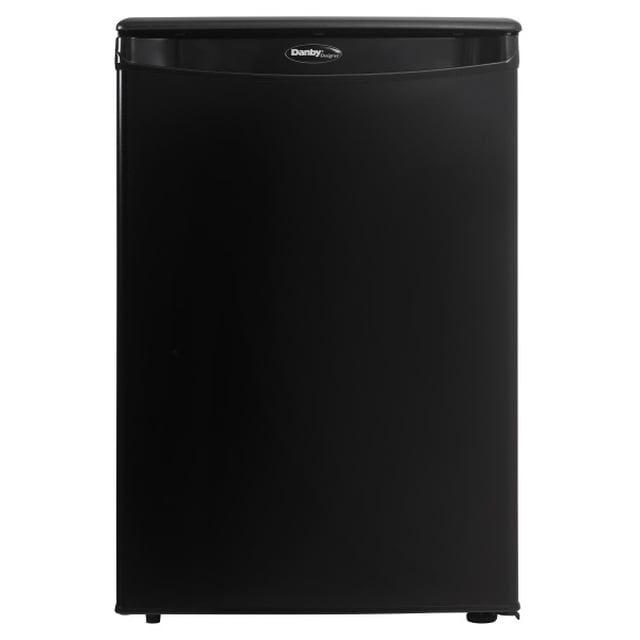 Danby DAR026A1BDD 2.6 cu. ft. Compact Refrigerator in Black, designed for small spaces like dorm rooms or offices. This ENERGY STAR® compliant fridge features adjustable wire shelves, tall bottle storage, and a CanStor® beverage dispensing system. Its scratch-resistant worktop and smooth back design make it easy to place on countertops or floors. Often used for storing beverages and snacks efficiently.