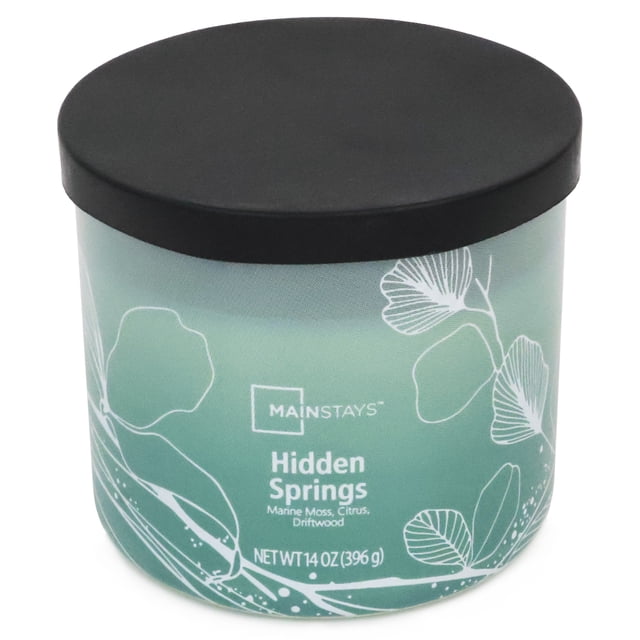 Mainstays Bougie Parfumée à 3 Mèches, Texture Enveloppée Hidden Springs, 14 oz, dans un Pot Dégradé Vert avec art Linéaire Botanique Blanc et Couvercle Noir Mat, Offrant une Propreté, une Combustion Uniforme avec des Parfums de Mousse marine, d'Agrumes et de Bois Flotté, Convenant à Améliorer la Déco de la Maison et la Détente.